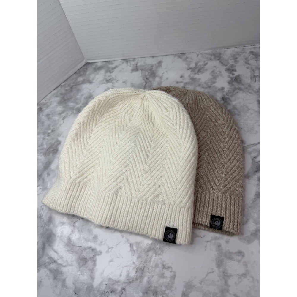 Lot Of 2 CANADA WEATHER GEAR Wool Blend Sweater Knit Beanie Hats Cream & Beige